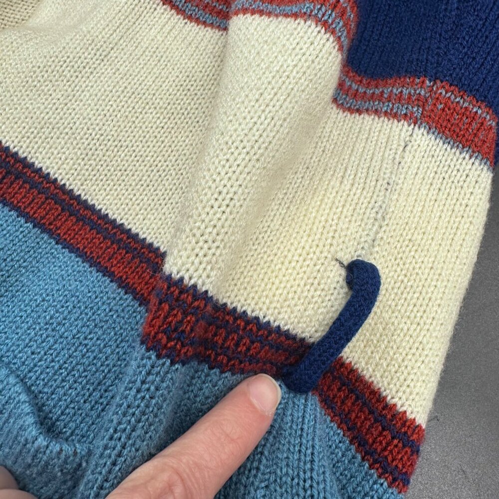 Vintage Cardigan Sweater 1970s Striped Knit Blue White Red Open Front Retro - Picture 5 of 6
